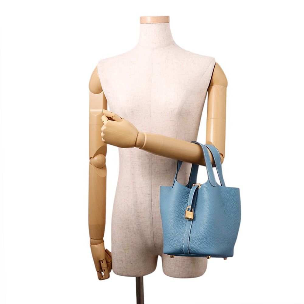Hermes Handbag Picotin Lock PM New Blue Jean Gold Taurillon Clemence — view 4