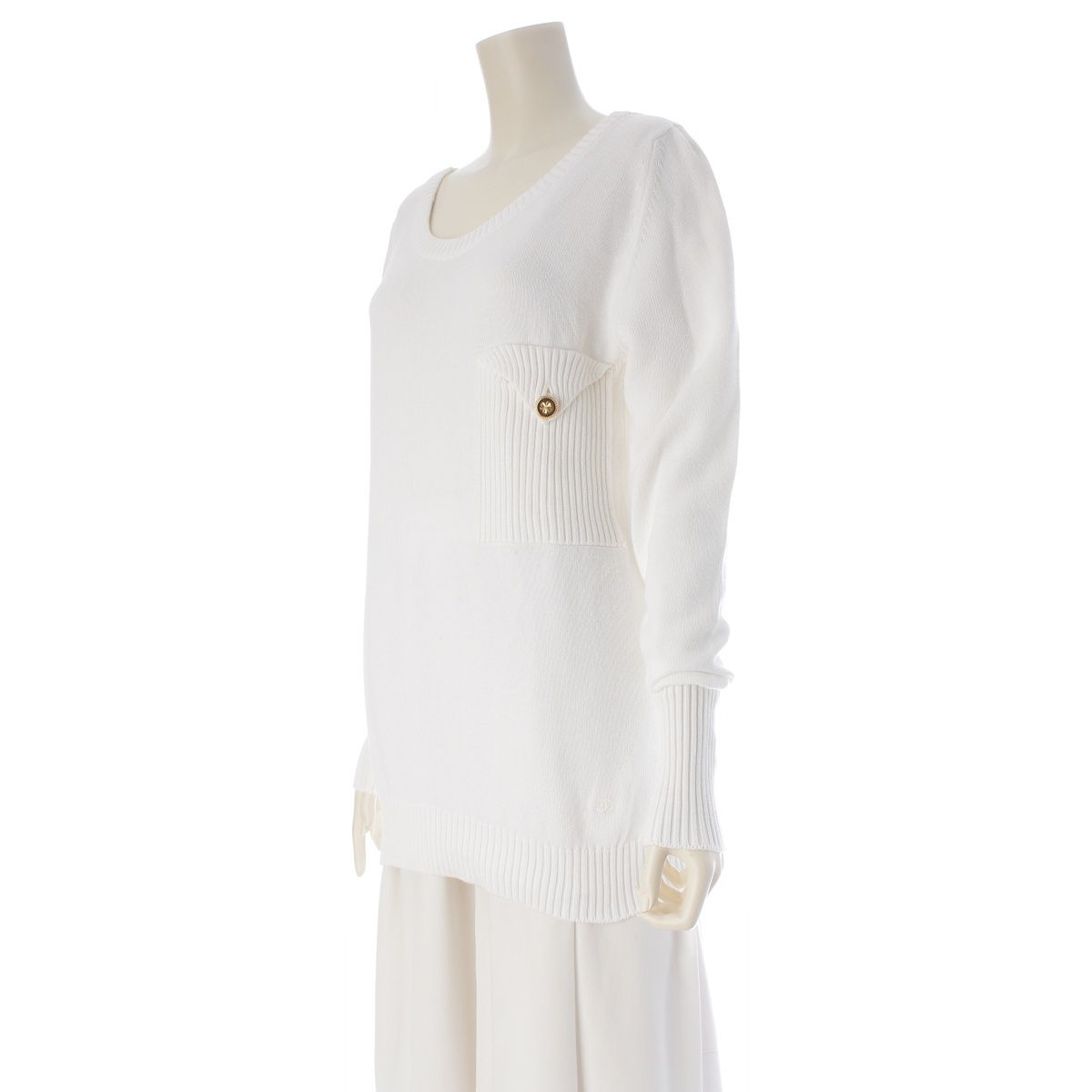 Chanel Cotton CC Logo Embroidery Clover Button Long Sleeve Sweater Knit Top — view 2