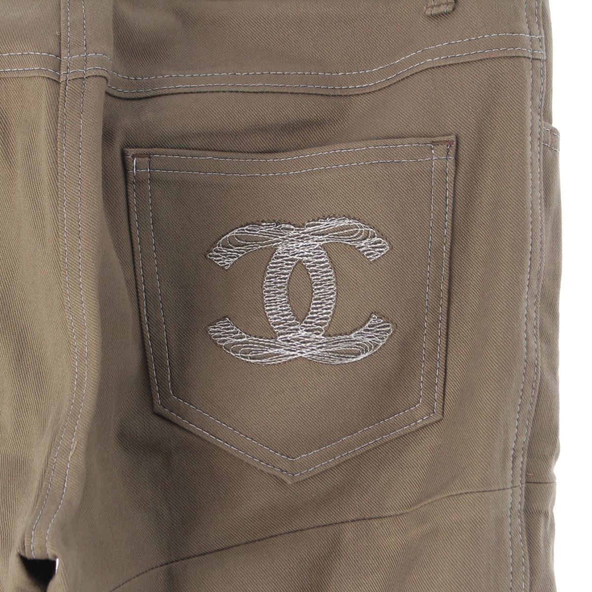 Chanel CC Logo Embroidery Denim Pants Khaki 42 — view 6