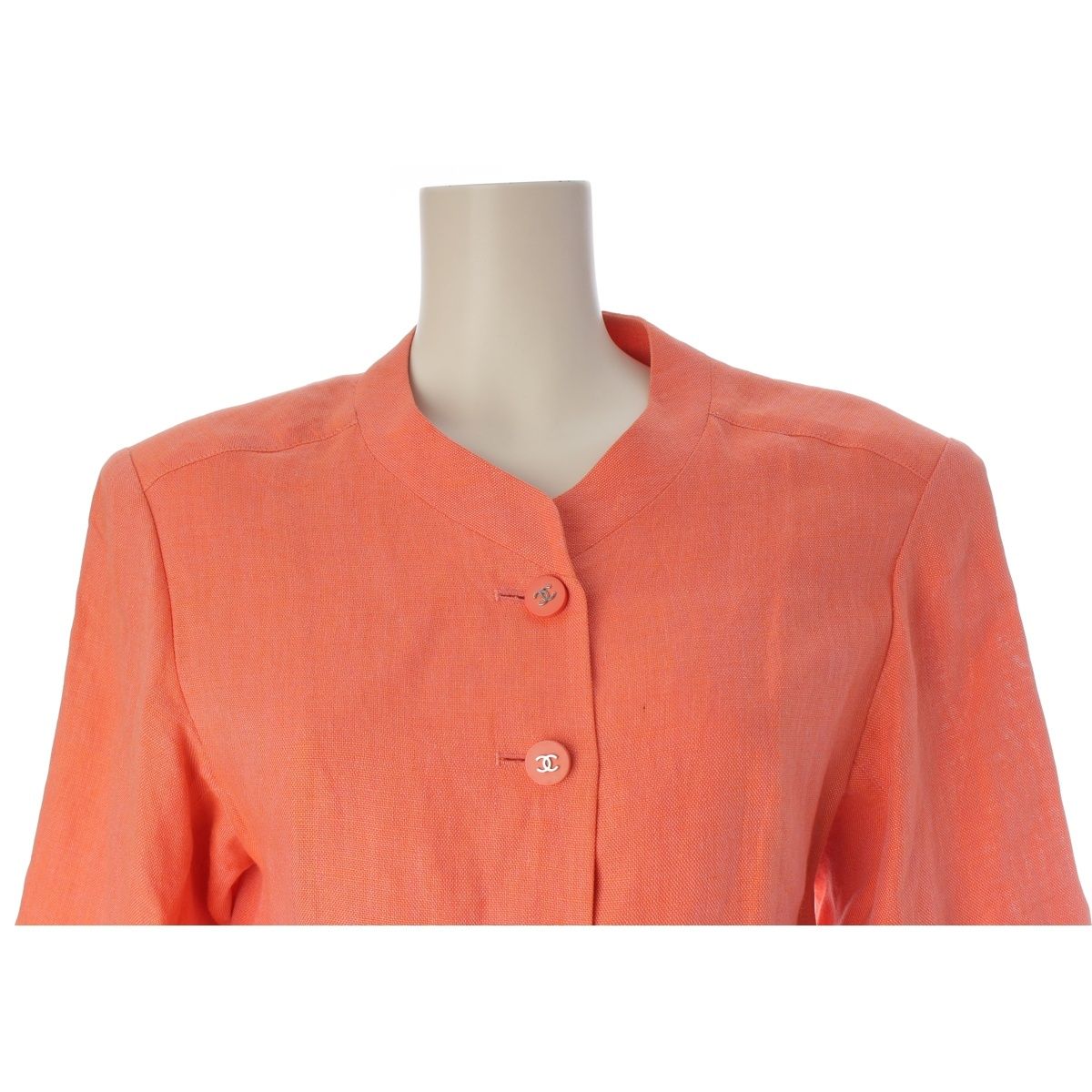 Chanel Linen CC Logo Coco Button Collarless Jacket Pink — view 5