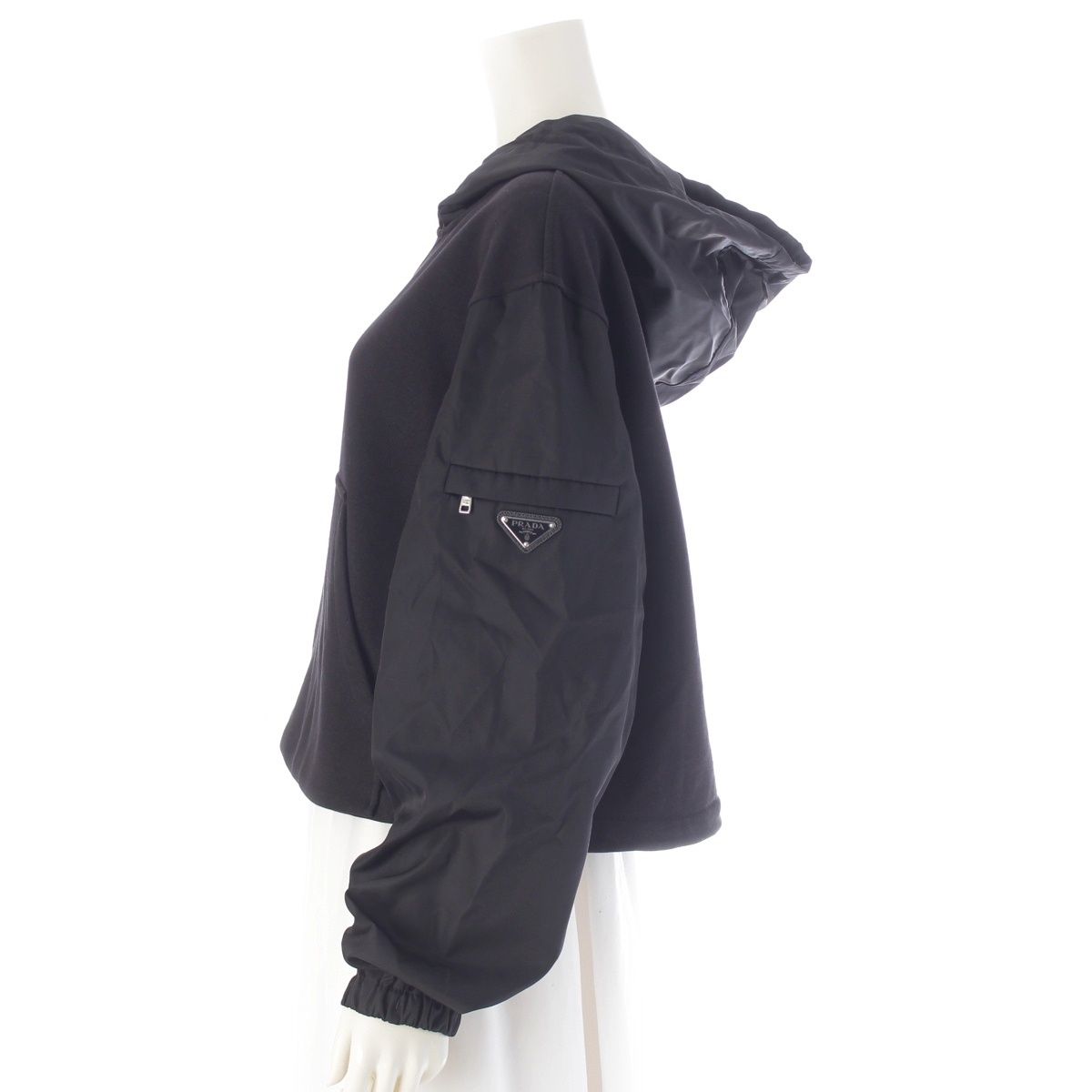 Prada Re-Nylon Cotton Nylon Trim Cropped Hoodie Top Black — view 3