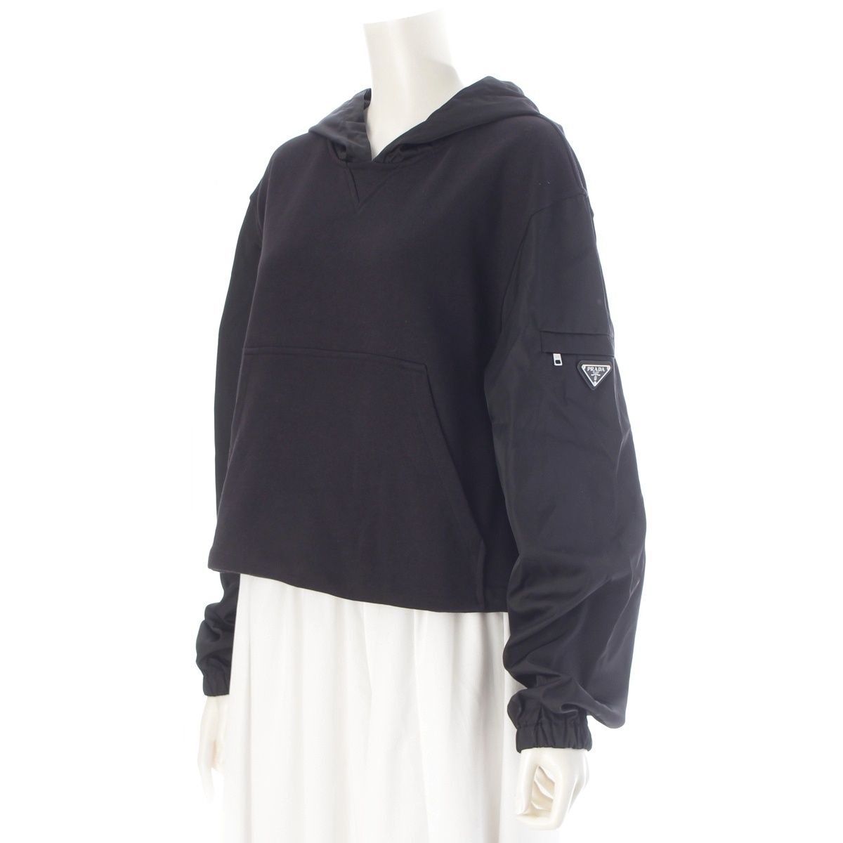 Prada Re-Nylon Cotton Nylon Trim Cropped Hoodie Top Black — view 2