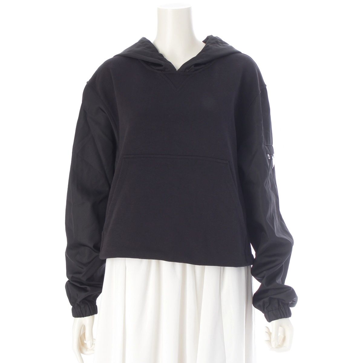 Prada Re-Nylon Cotton Nylon Trim Cropped Hoodie Top Black