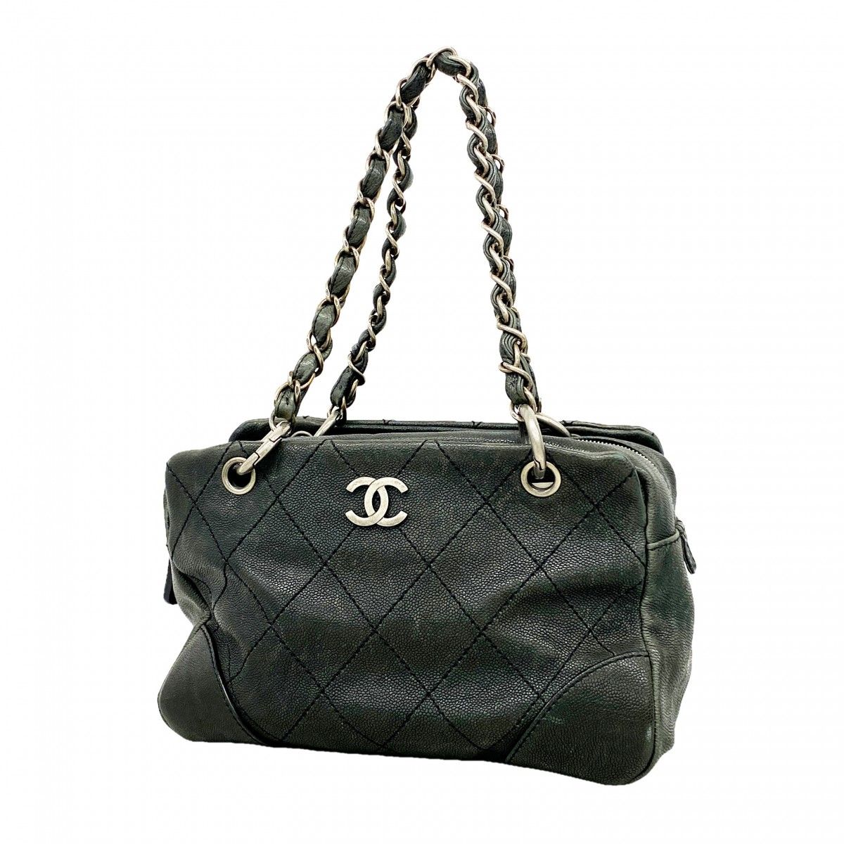 Chanel Handbag Wild Stitch Caviar Leather Black Silver