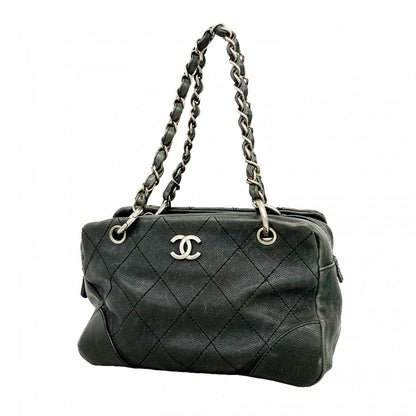 Chanel Handbag Wild Stitch Caviar Leather Black Silver