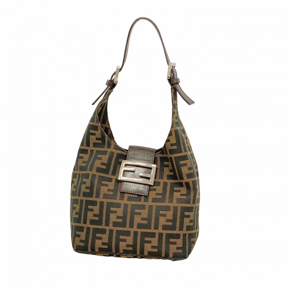 Fendi Handbag Zucca Nylon Canvas Brown Silver