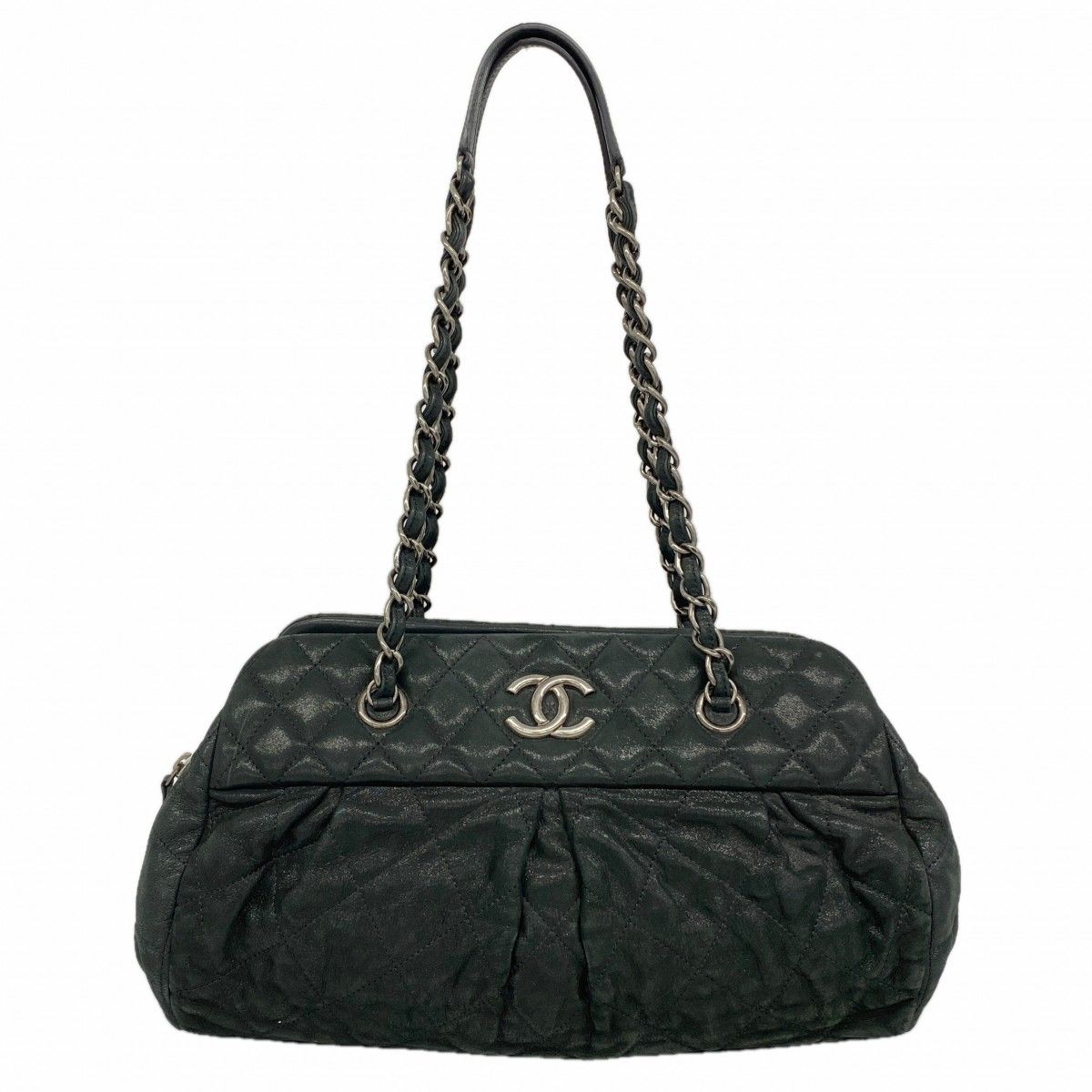 Chanel Shoulder Bag Quilted Leather Black Silver
