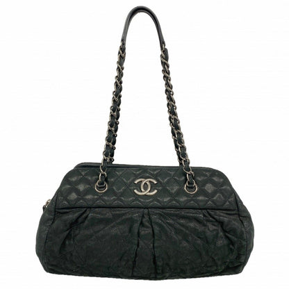 Chanel Shoulder Bag Quilted Leather Black Silver