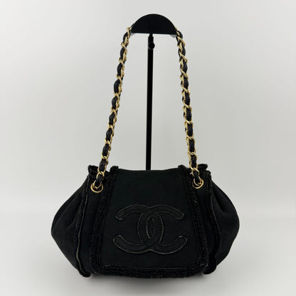Chanel CC Logo Chain Shoulder Bag Black Shearling Suede Vintage