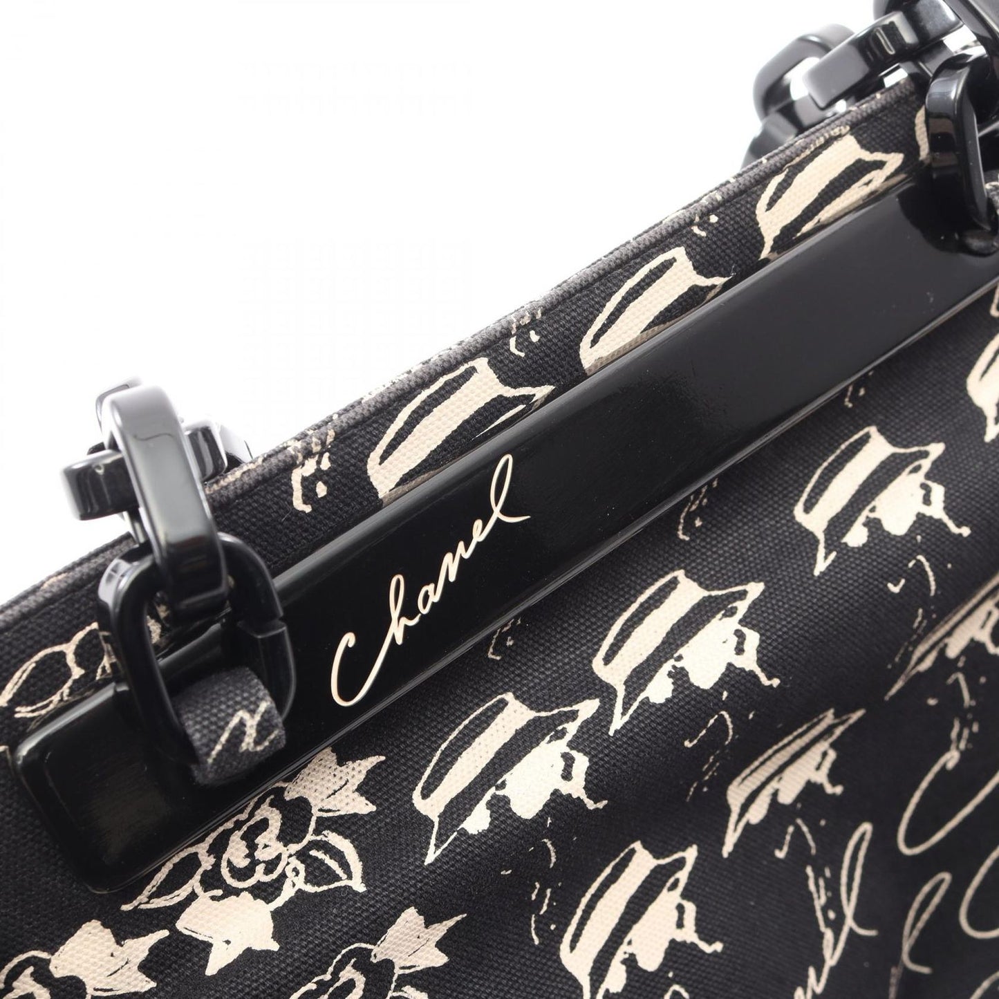 Chanel Tote CC Logo Camellia Black Canvas Plachain — view 8