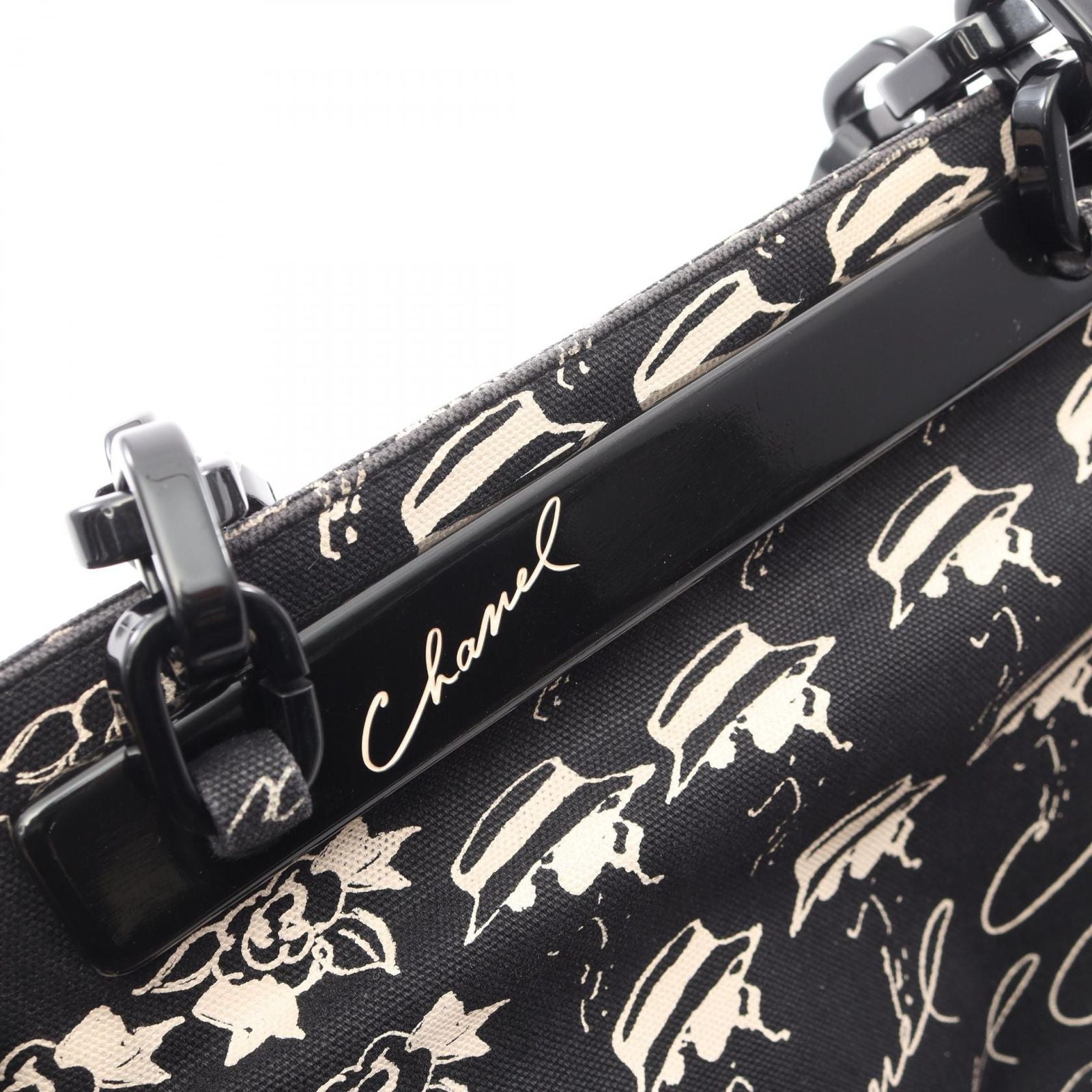 Chanel Tote CC Logo Camellia Black Canvas Plachain — view 8