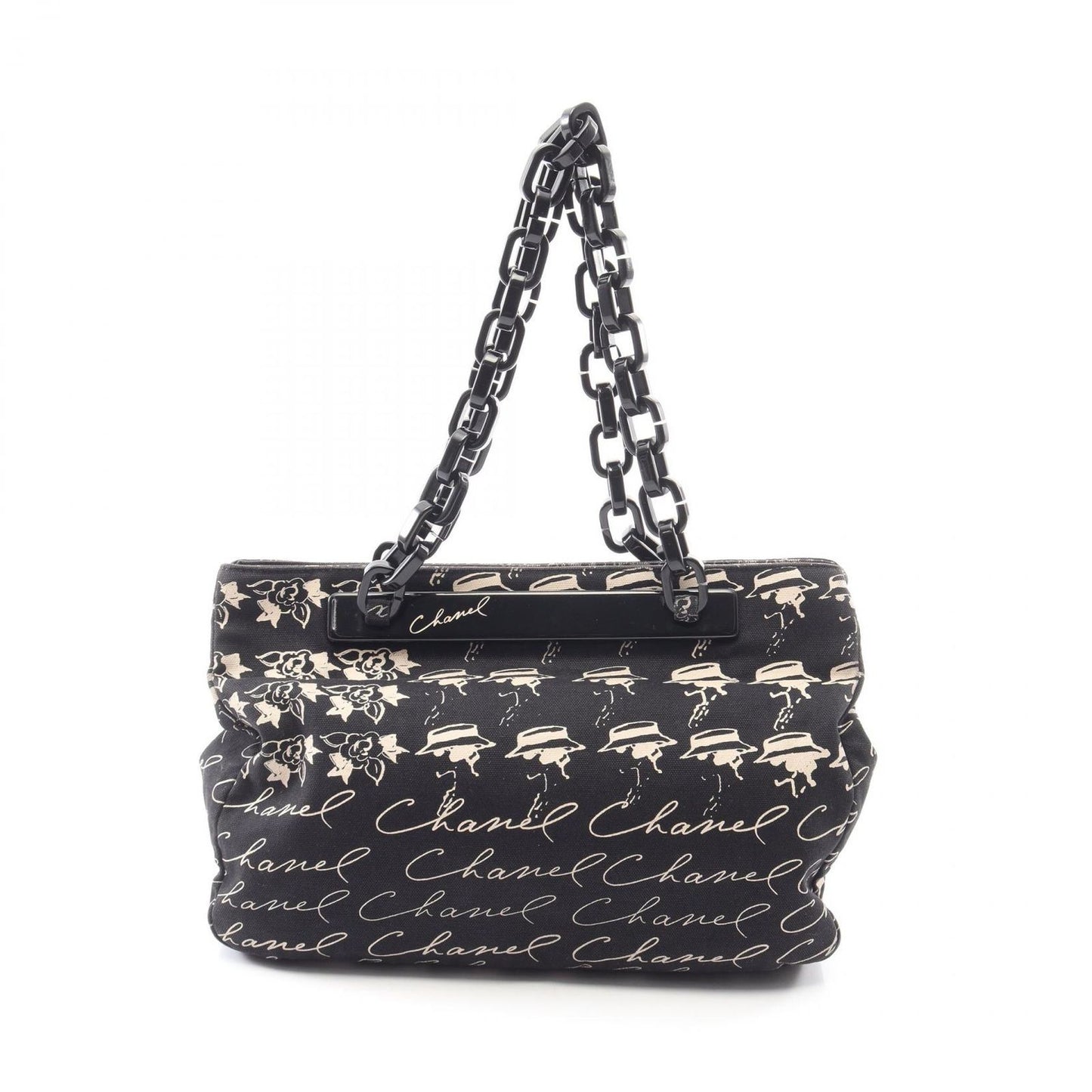 Chanel Tote CC Logo Camellia Black Canvas Plachain