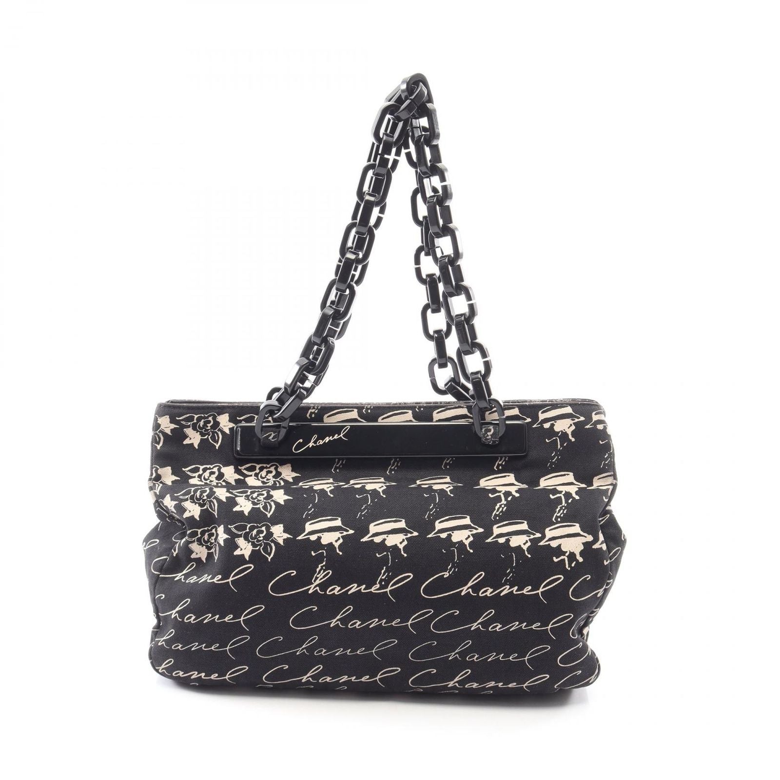 Chanel Tote CC Logo Camellia Black Canvas Plachain
