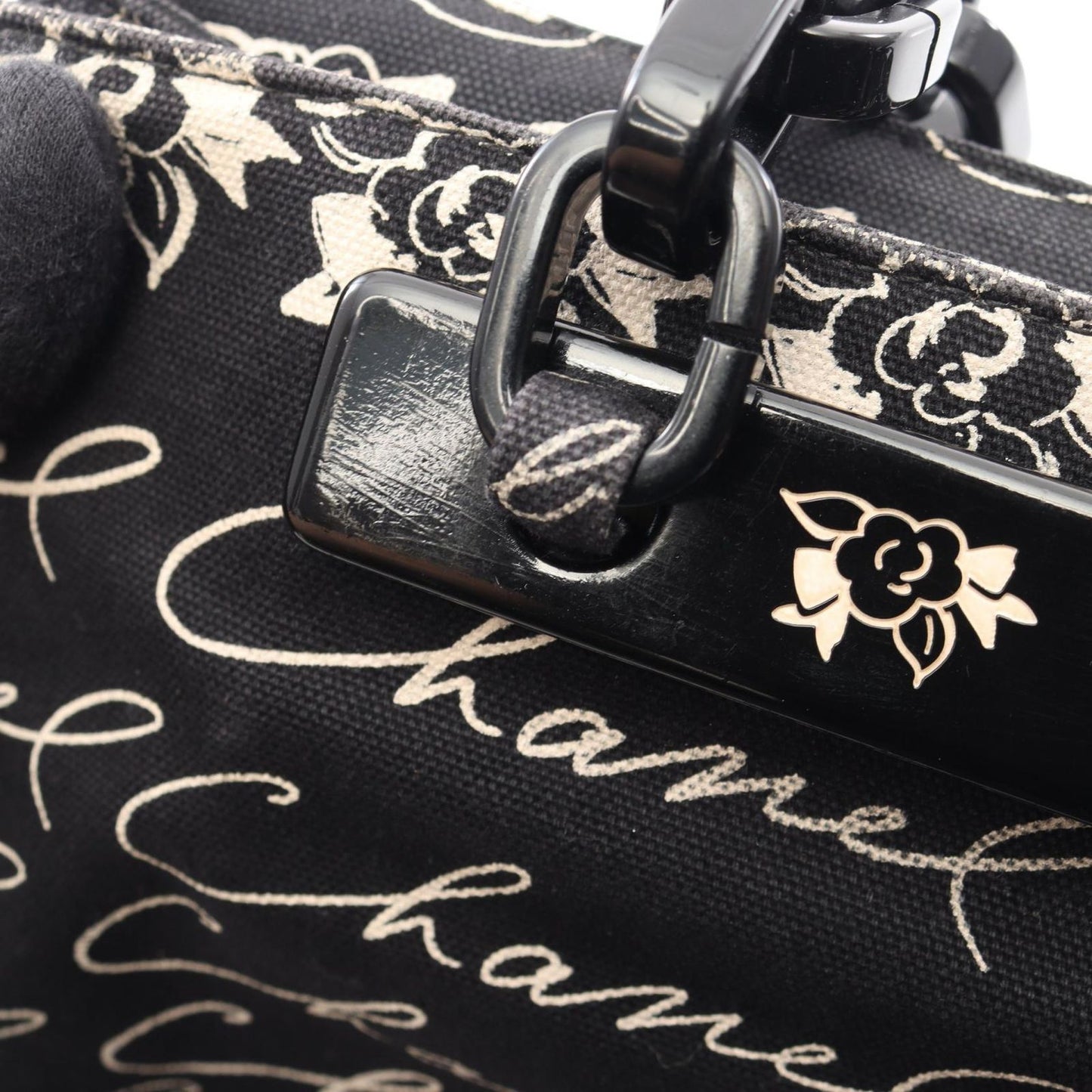 Chanel Tote CC Logo Camellia Black Canvas Plachain — view 9