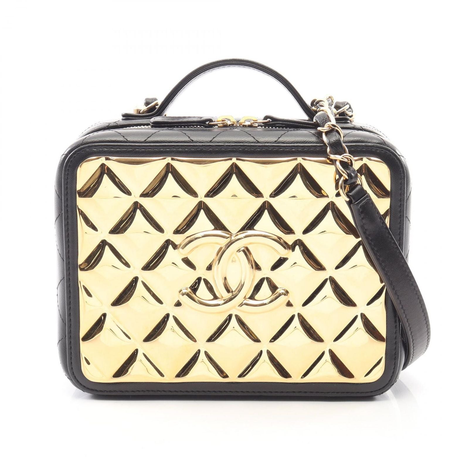 Chanel Shoulder Bag Quilted Vanity 2-Way Black Gold Lambskin Chain