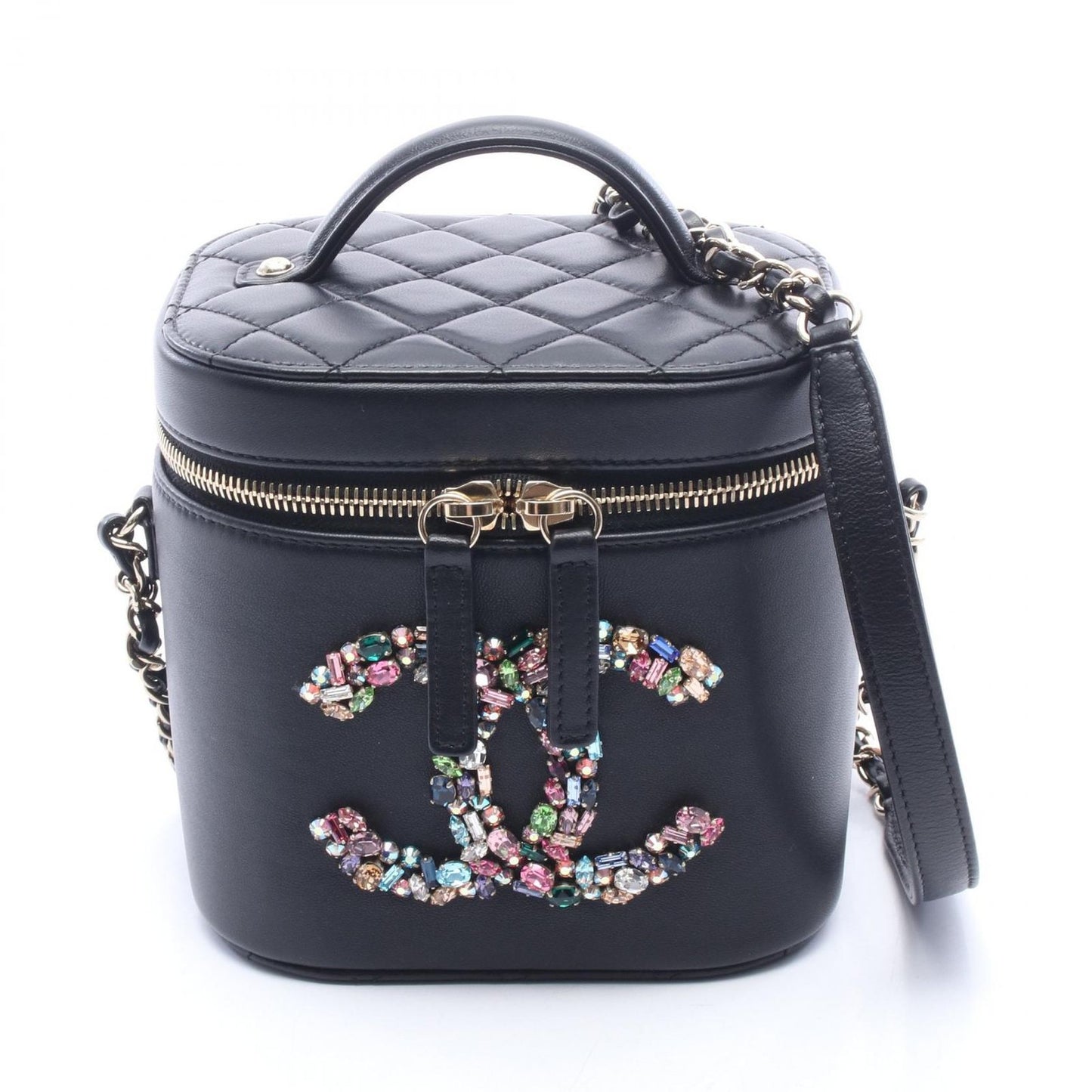Chanel Shoulder Bag Crystal Mania Quilted CC Logo Vanity 2-Way Black Lambskin