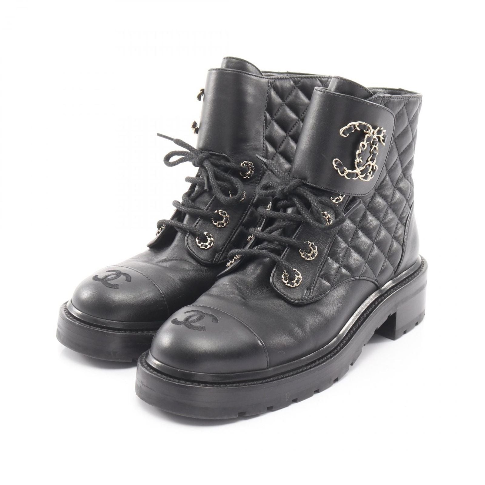 Chanel Boots Quilted Short Black Leather CC Logo