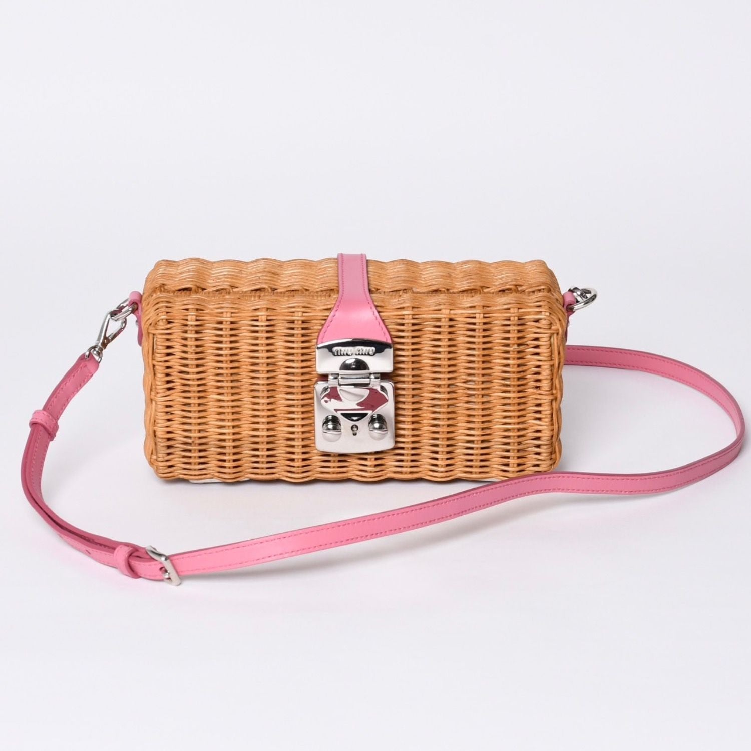 Miu Miu Shoulder Bag Basket Rattan Pink Brown Silver