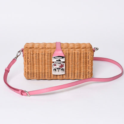 Miu Miu Shoulder Bag Basket Rattan Pink Brown Silver