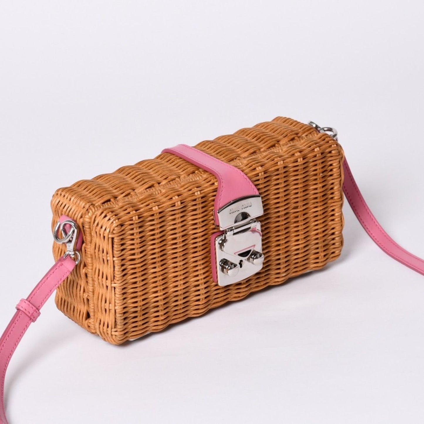 Miu Miu Shoulder Bag Basket Rattan Pink Brown Silver — view 3