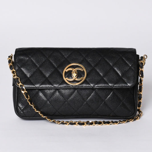 Chanel S Flap S Chain Shoulder Bag CC Logo Caviar Leather Black Gold