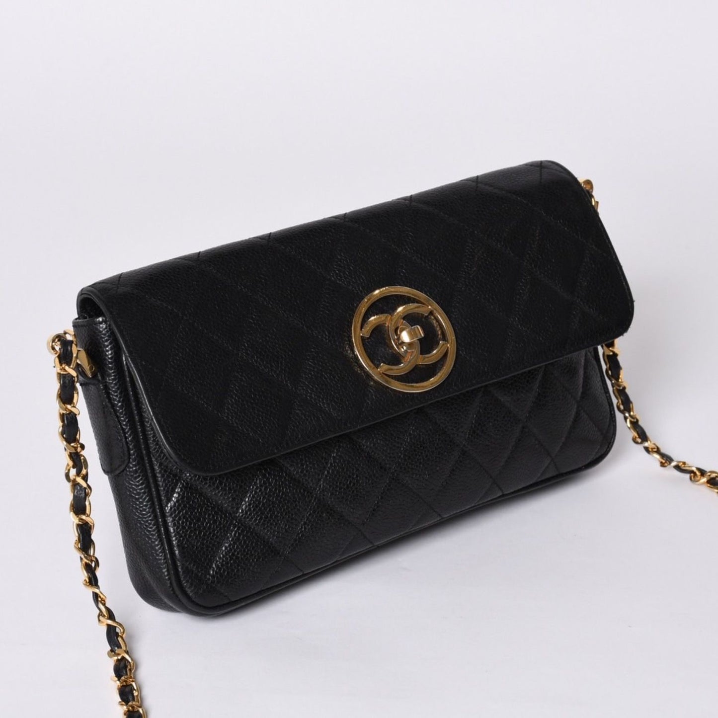 Chanel S Flap S Chain Shoulder Bag CC Logo Caviar Leather Black Gold — view 3
