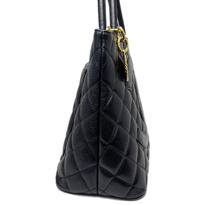 Chanel Medallion Tote Caviar Leather CC Logo Black Gold — view 3