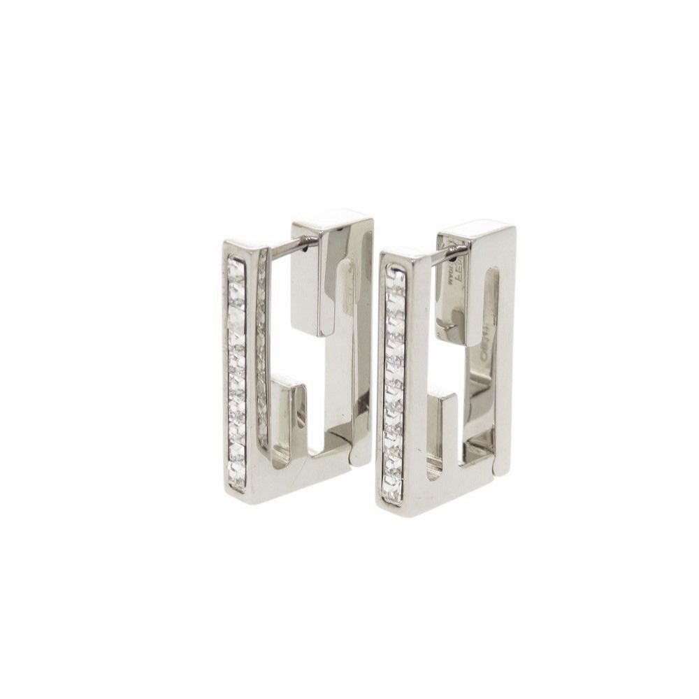 Fendi Baguette Metal Line Stone Silver Earrings