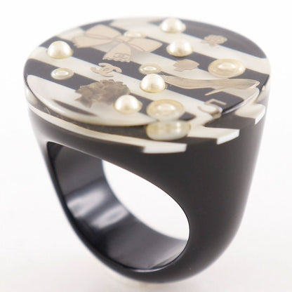Chanel Border CC Logo Vintage Resin Faux Pearl White Ring — view 3