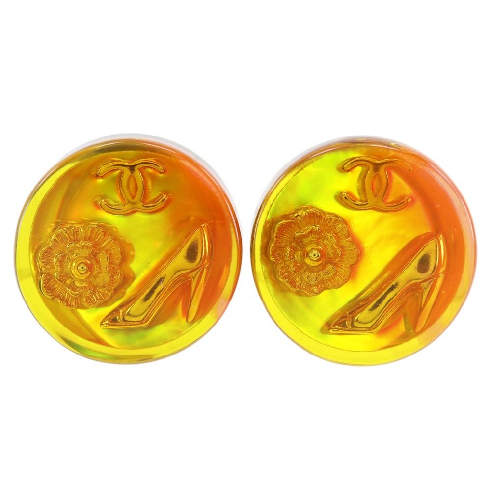 Chanel CC Logo Camellia Vintage Resin Gold Plated Green Earrings