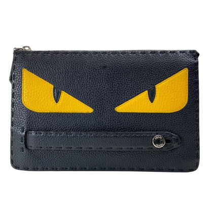 Fendi Mon Star Bugs Eye Clutch Leather Black Gold Slim Lightweight Practical