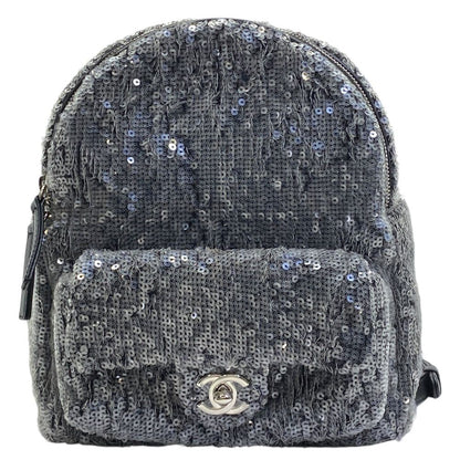 Chanel Sequin Waterfall Backpack CC Logo Gray Black Silver Lightweight Practical