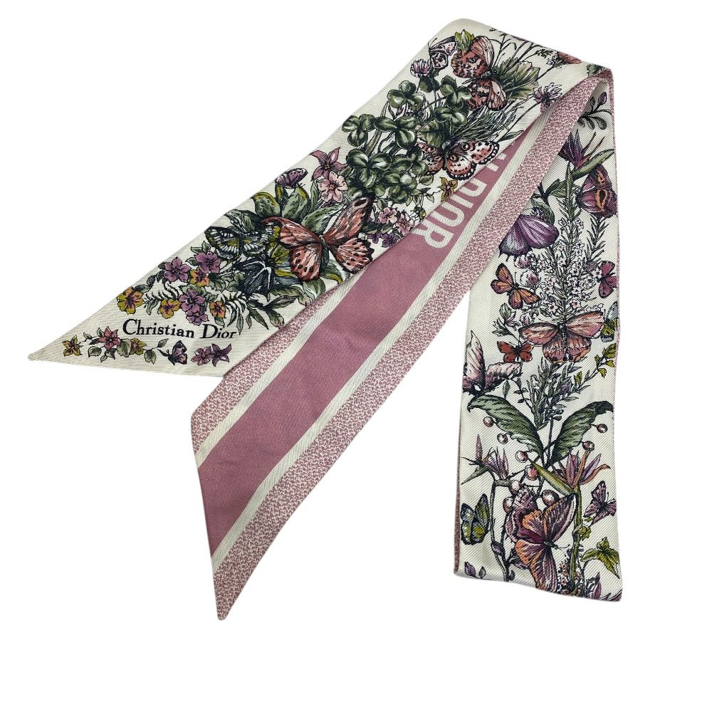 Dior Mitzah Scarf Ribbon Silk Twill Floral Pattern Flower Pink White Multicolor — view 2