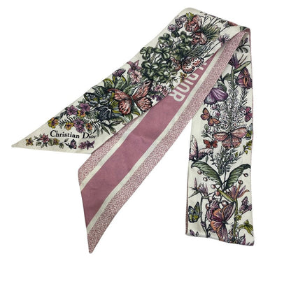 Dior Mitzah Scarf Ribbon Silk Twill Floral Pattern Flower Pink White Multicolor — view 2