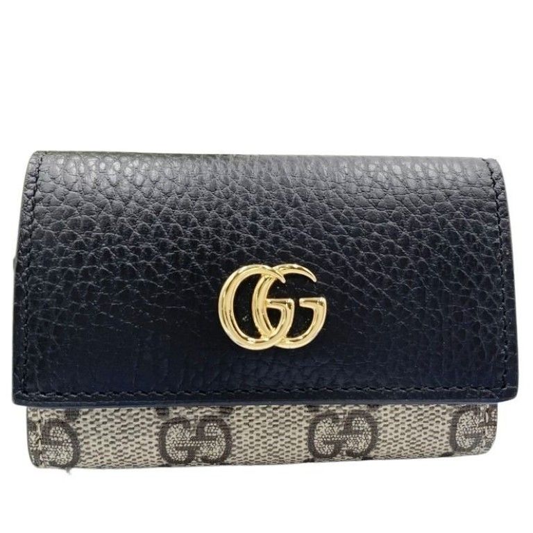 Gucci Key Case GG Supreme Beige Brown Black Leather 6 Rows Gold Key Holder
