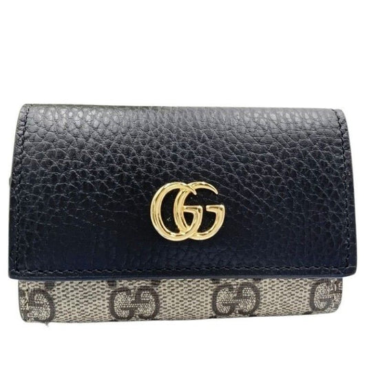 Gucci Key Case GG Supreme Beige Brown Black Leather 6 Rows Gold Key Holder