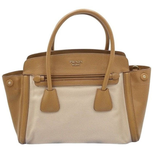 Prada Beige Brown Leather Canvas 2-Way Shoulder Bag