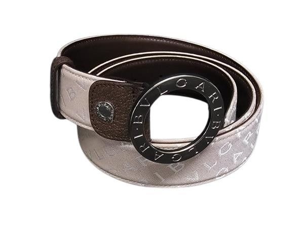 Bvlgari Belt Logo Mania Beige Brown Canvas Leather Silver