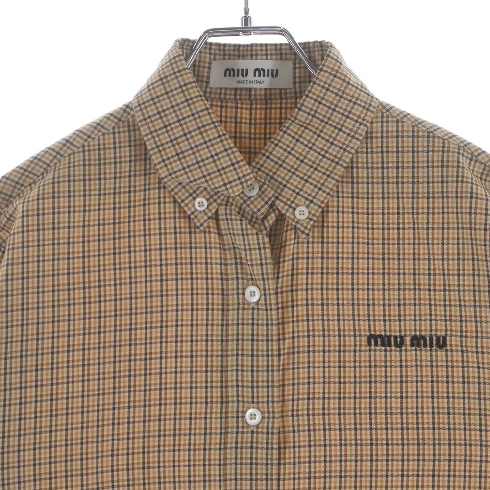 Miu Miu Checked Shirt Front Logo Embroidery Plaid Button Down Jacket Long — view 3