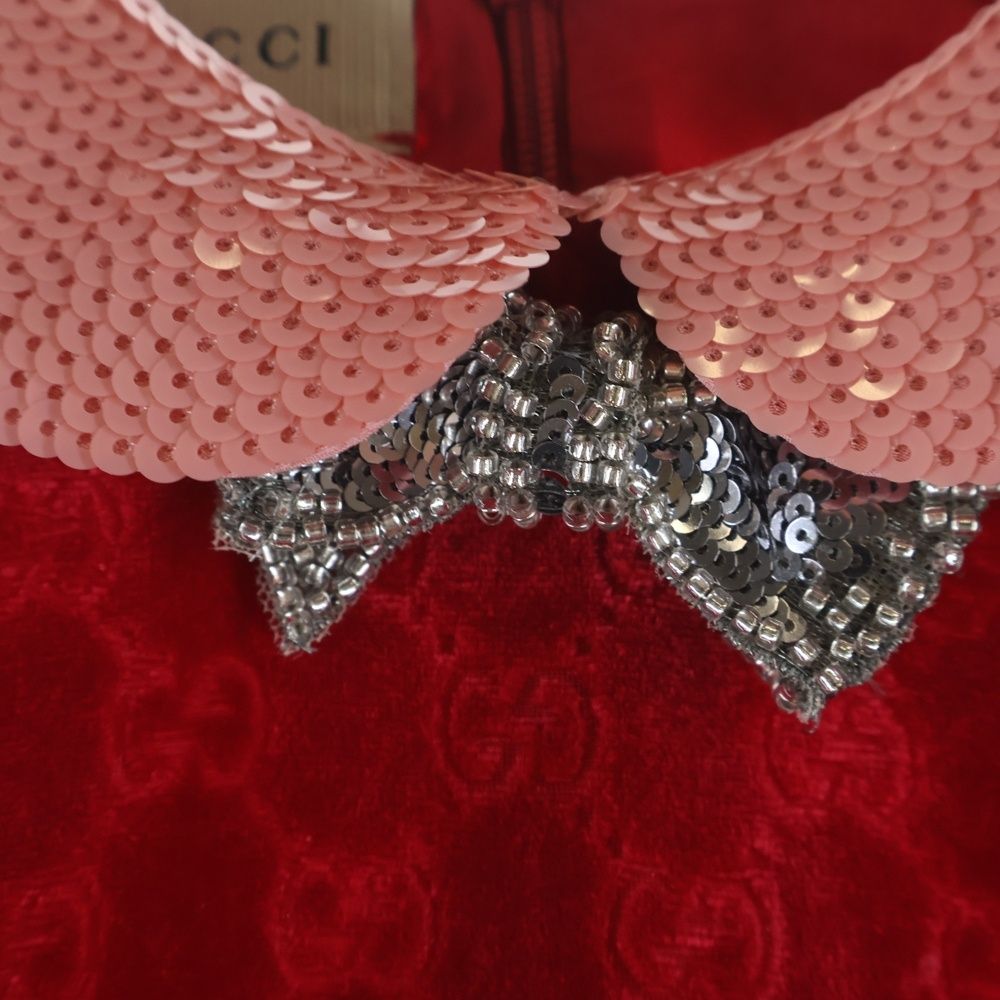 Gucci GG All Over Collar Sequin Silk Dress Red Kids — view 4