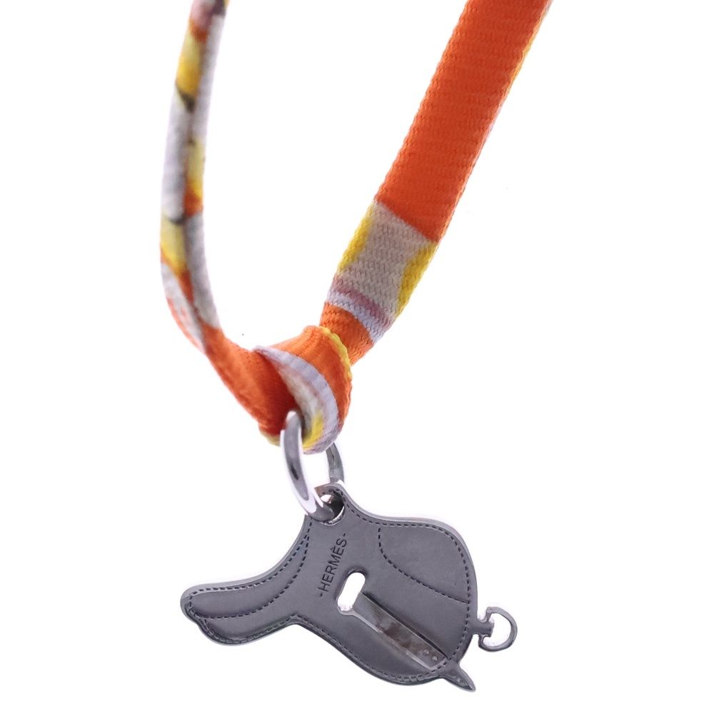 Hermes Paddock Saddle Choker Silk Strap Necklace Silver Orange — view 3