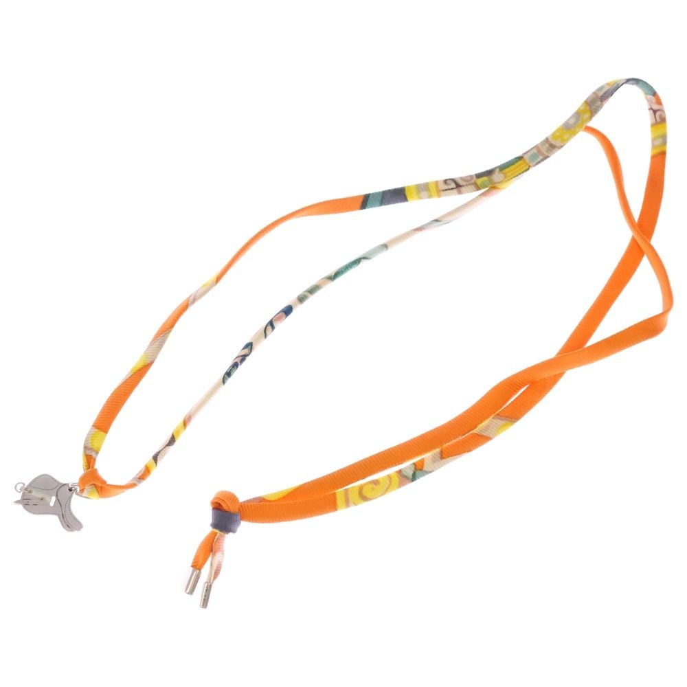 Hermes Paddock Saddle Choker Silk Strap Necklace Silver Orange — view 2