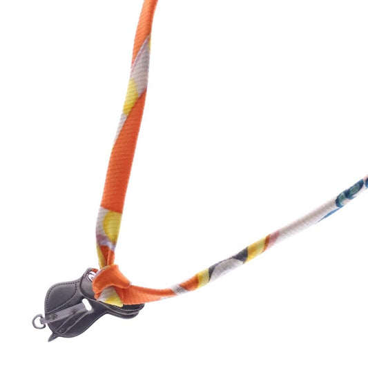 Hermes Paddock Saddle Choker Silk Strap Necklace Silver Orange