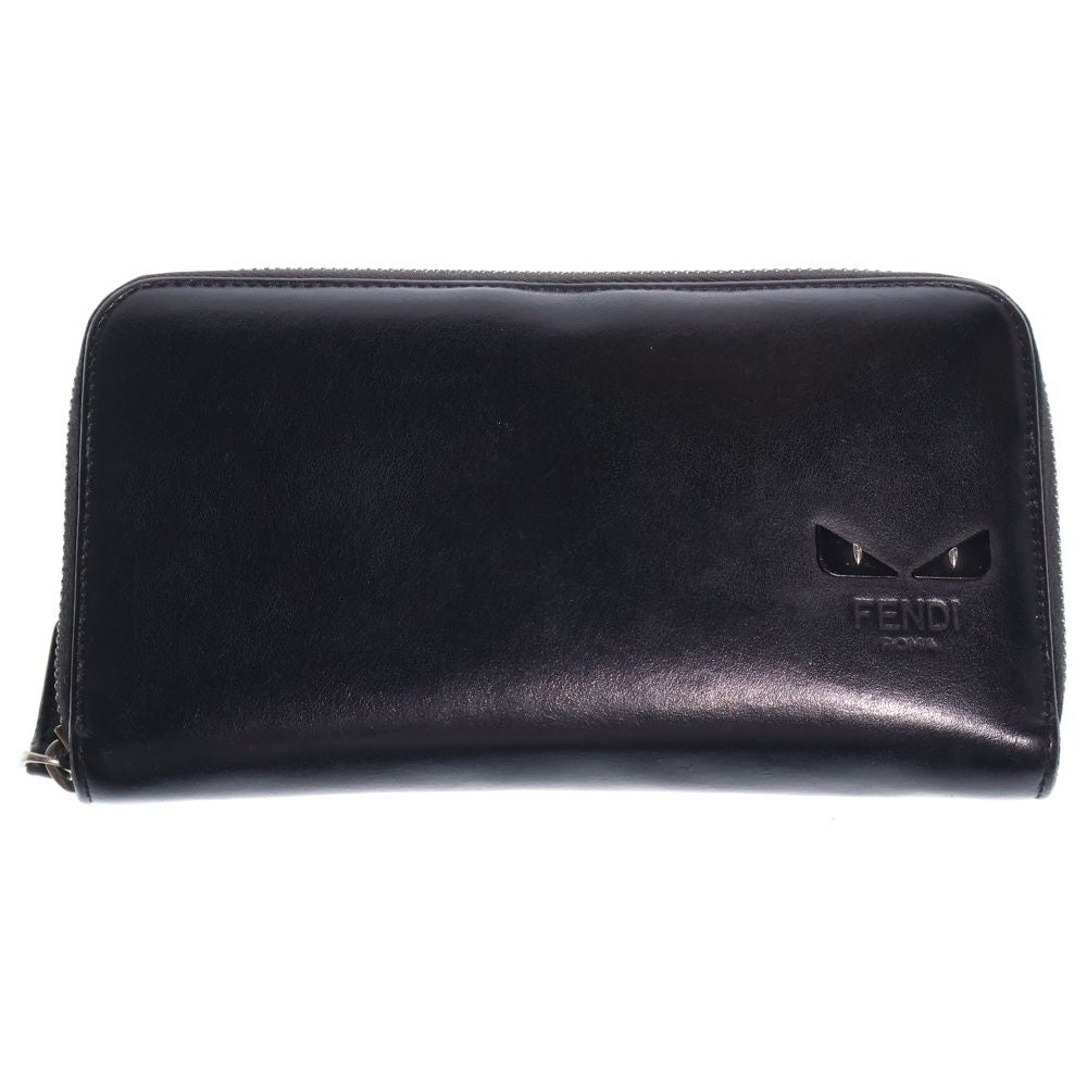 Fendi Bugs Eye Zip Around Wallet Card Case Black Leather Silver