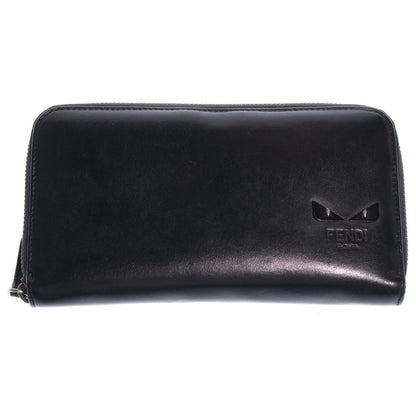 Fendi Bugs Eye Zip Around Wallet Card Case Black Leather Silver