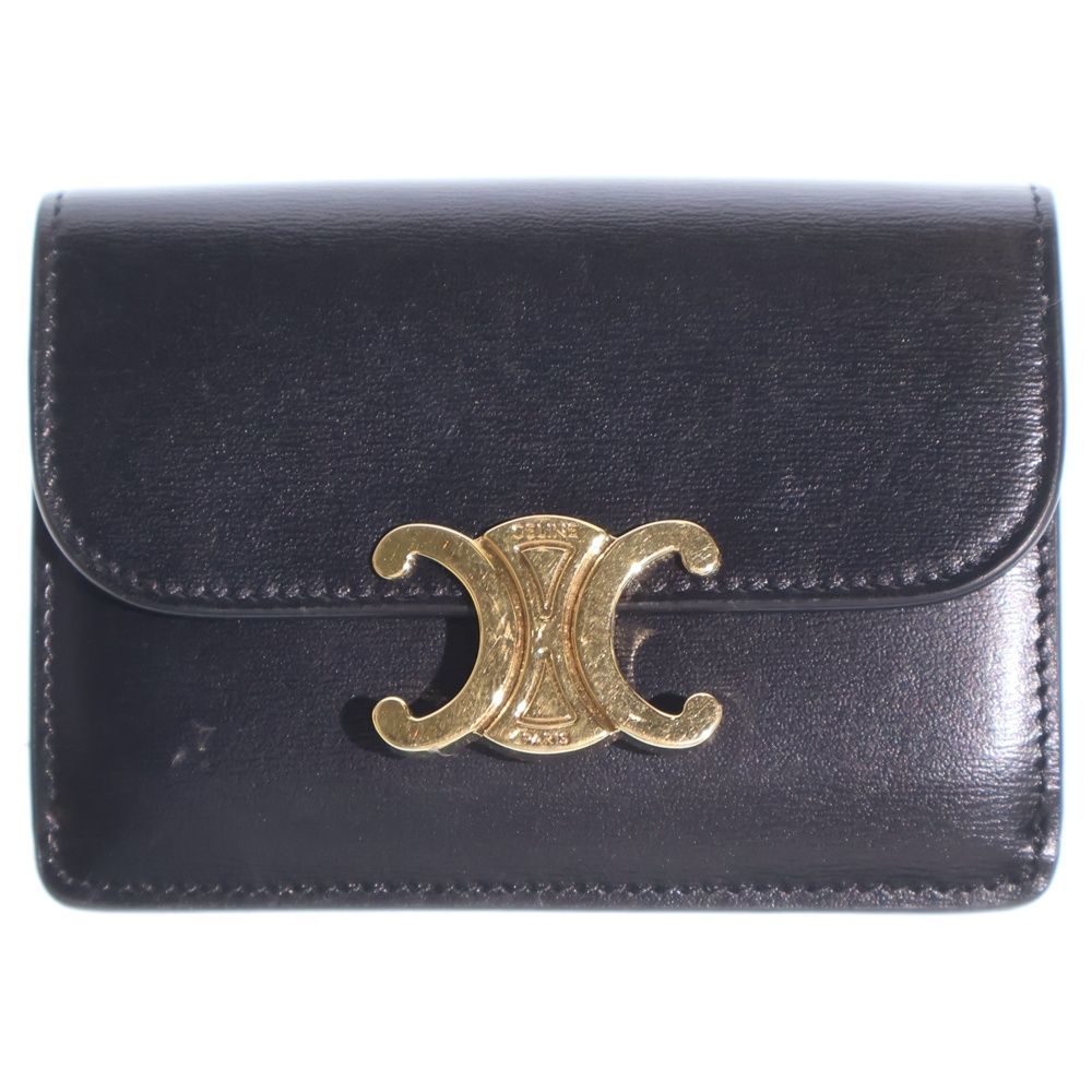 Celine Triomphe Card Case Business Holder Black Leather Gold