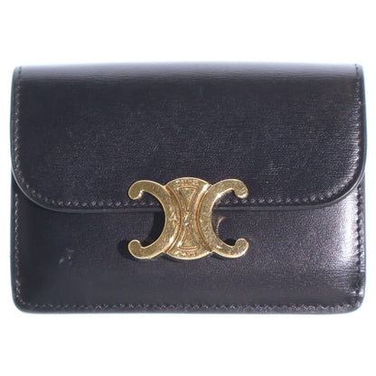 Celine Triomphe Card Case Business Holder Black Leather Gold