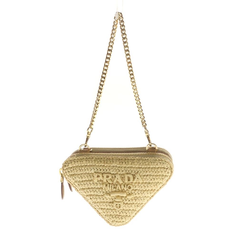 Prada Triangle Crochet Mini Shoulder Bag Chain Beige Woven Fabric Gold