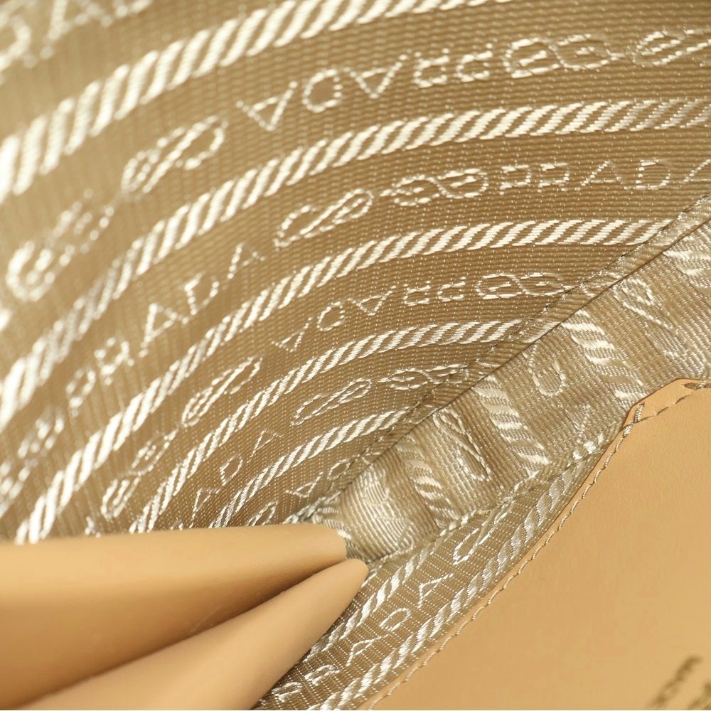 Prada Triangle Crochet Mini Shoulder Bag Chain Beige Woven Fabric Gold — view 4