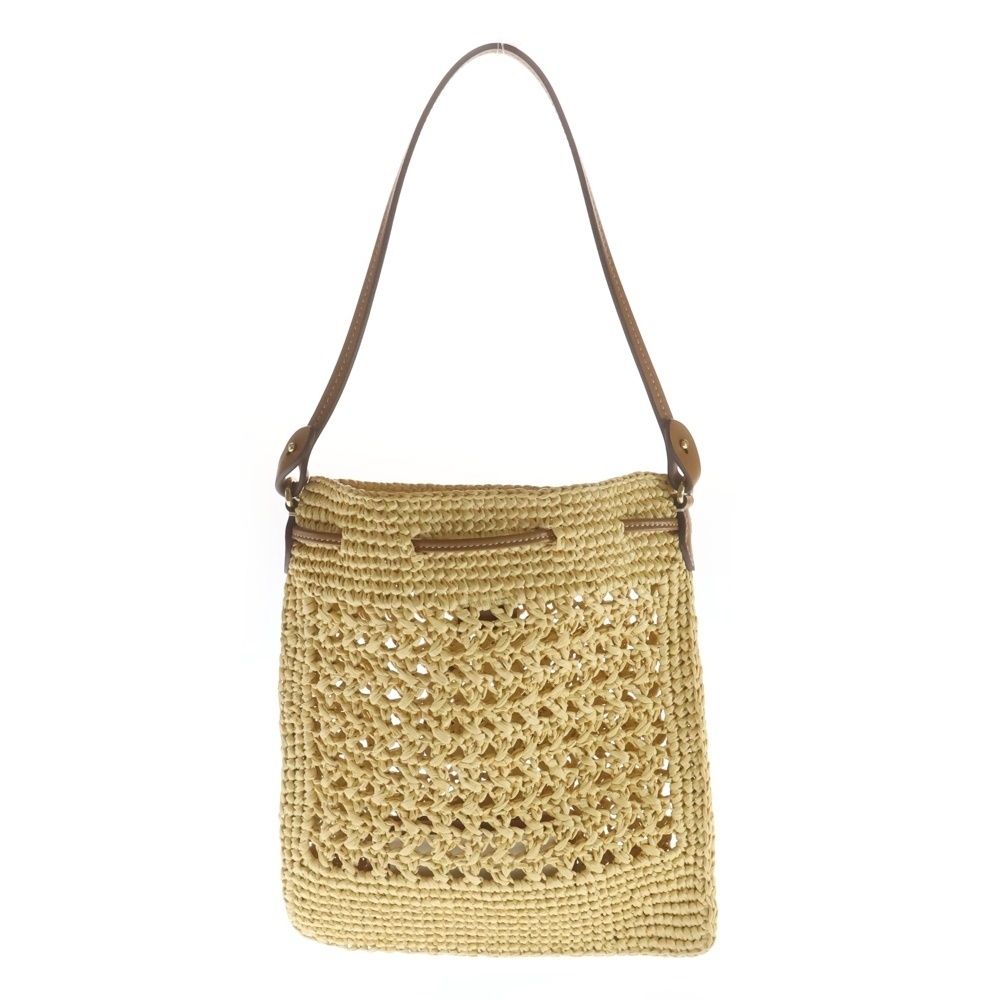 Miu Miu Logo Motif Mini Handbag Drawstring Bag Beige Brown Woven Fabric Gold — view 2